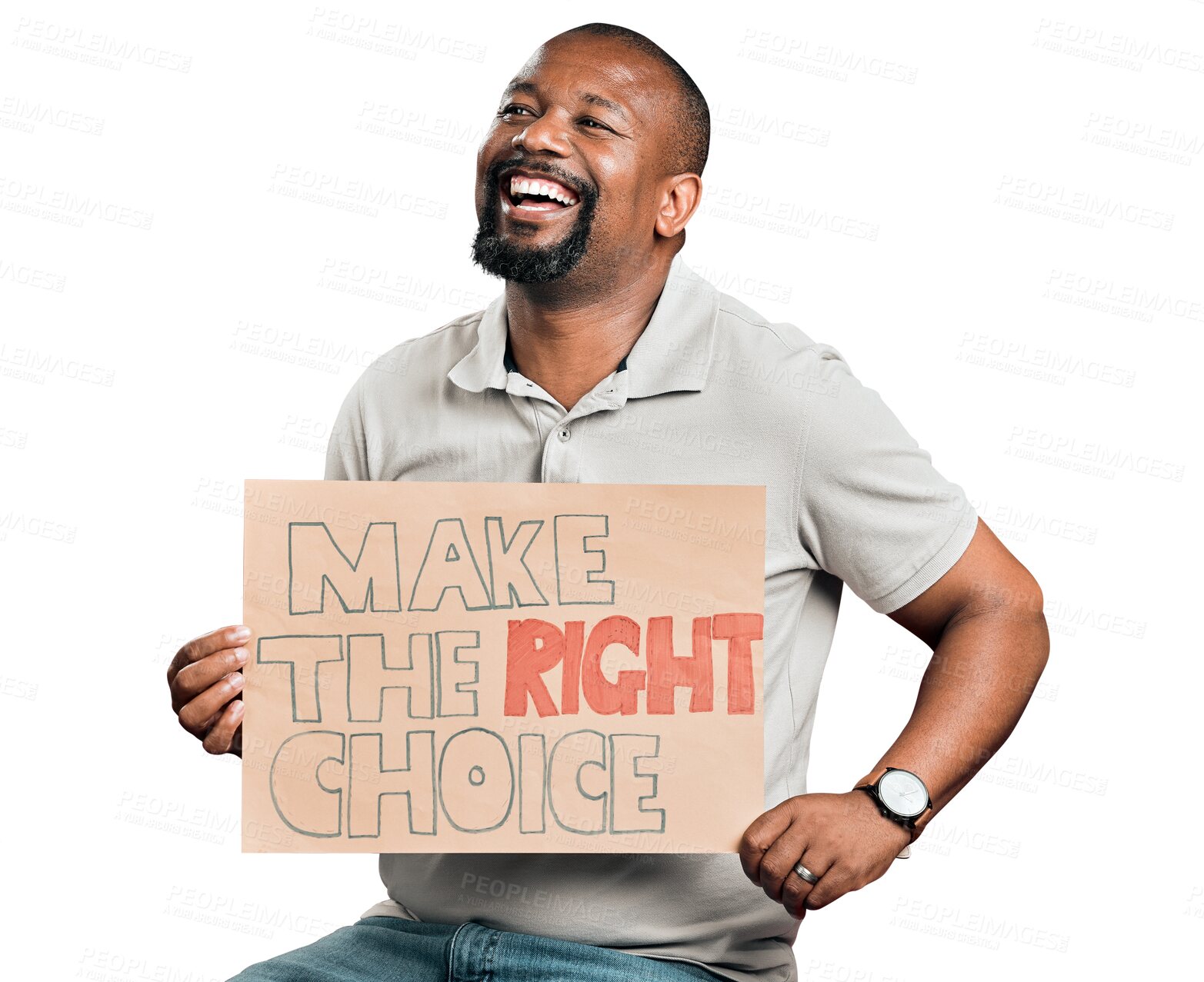 Buy stock photo Smile, covid and poster for vaccine with a black man isolated on a transparent background for healthcare promotion. Medical, freedom and chair with a happy male patient on PNG for health choice