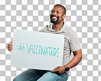 African american covid vaccinated man showing and holding poster. Smiling black man isolated against red studio background with copyspace. Happy model using sign to promote corona vaccine and motivate