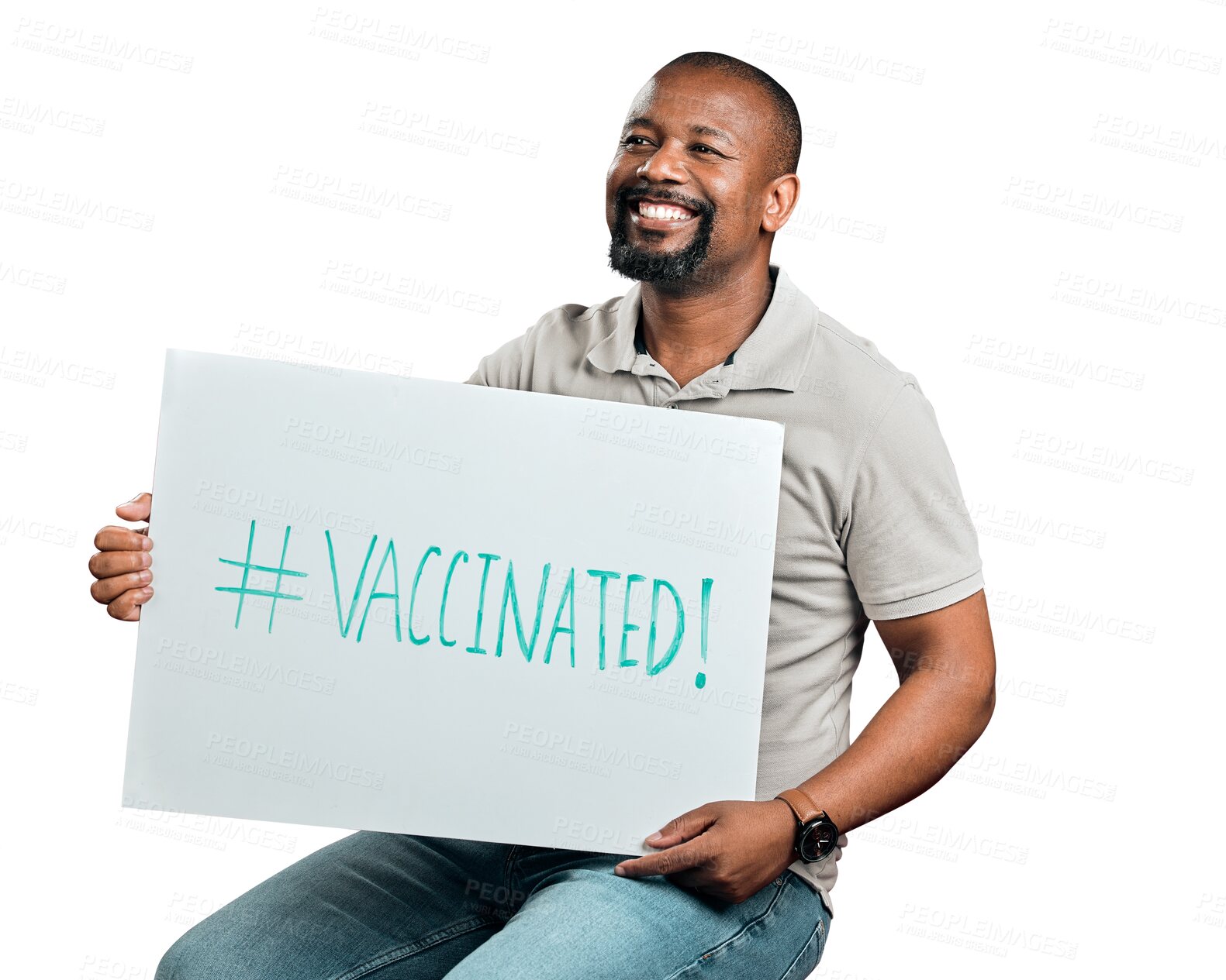 Buy stock photo Black man, smile and vaccine promotion poster, covid and healthcare isolated on png transparent background. Happy male person with billboard sign, safety from corona with advertising and health