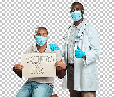 African american doctor showing thumbs up sign and symbol after covid vaccine to black man wearing face mask. Patient holding sign to promote corona vaccine and motivate after injection from physician