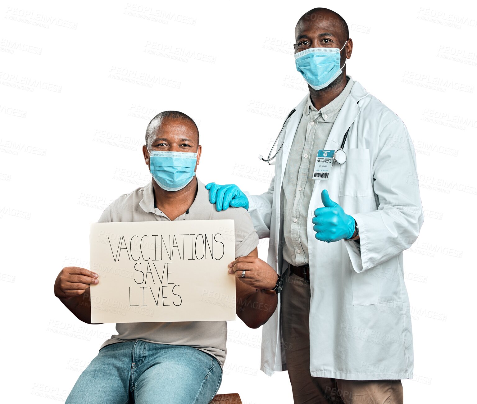 Buy stock photo Portrait, patient and doctor with poster for vaccine and thumbs up for covid sign on transparent, isolated or png background. African healthcare and people in face mask to promotion of vaccination