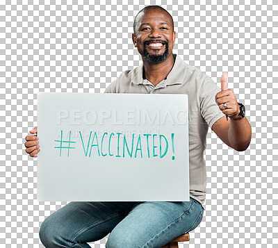 African american covid vaccinated man showing thumbs up sign and symbol and holding poster. Portrait of black man isolated on red studio background with copyspace. Promote corona vaccine and motivate
