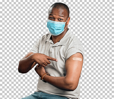 African american covid vaccinated man pointing at arm plaster and wearing surgical face mask. Black model isolated on red studio background with copyspace. Using hand gesture, showing corona vaccine
