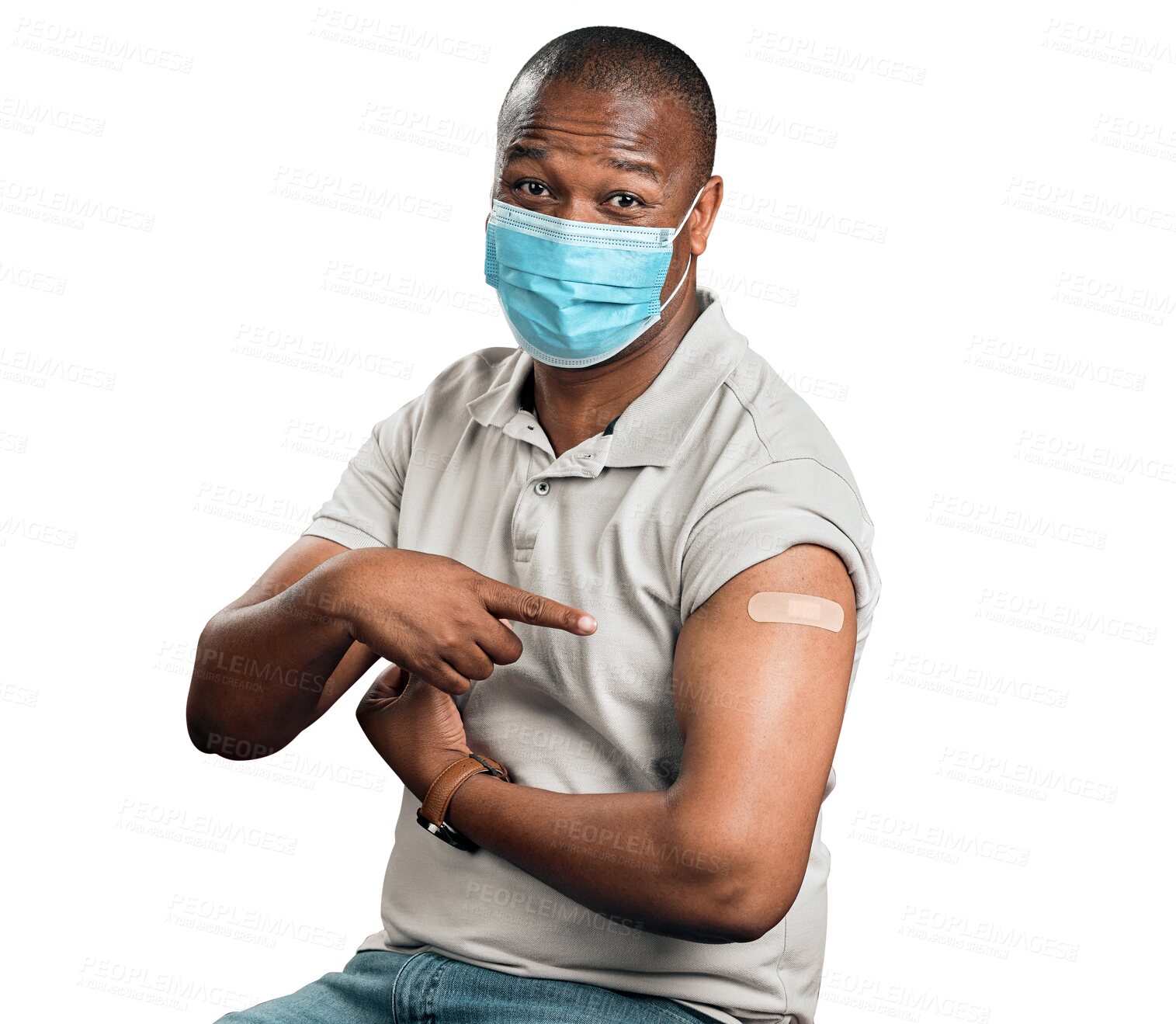 Buy stock photo Portrait, covid vaccinated or black man with plaster, pointing or surgical mask isolated on transparent background. Male person, model or face cover with corona vaccine, showing or promotion with png