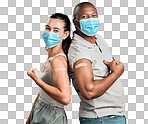 Covid vaccinated African american man and mixed race woman standing back to back. Two people wearing surgical face mask isolated against red background in studio with copyspace. Flexing plaster on arm