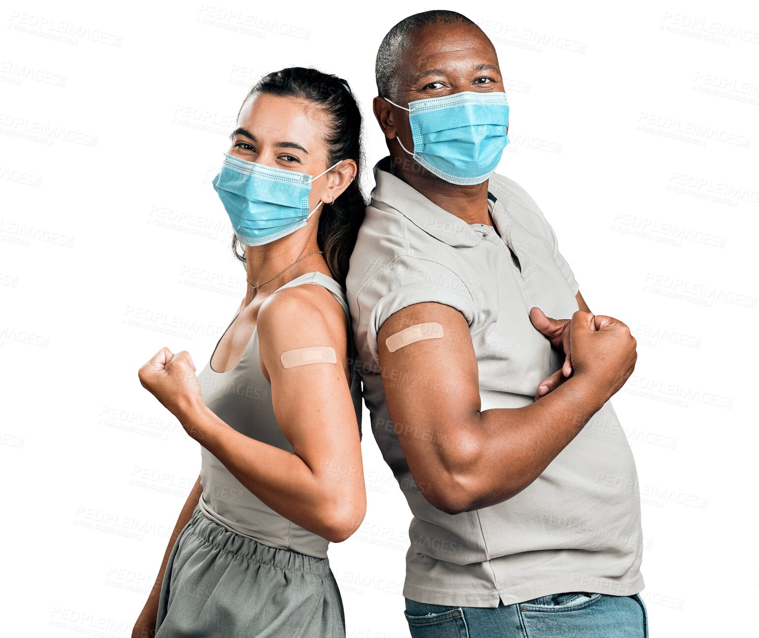 Buy stock photo Covid, vaccine and people with face mask, plaster and standing back to back. Portrait of man and woman with diversity, health care and support for virus safety isolated on transparent, png background