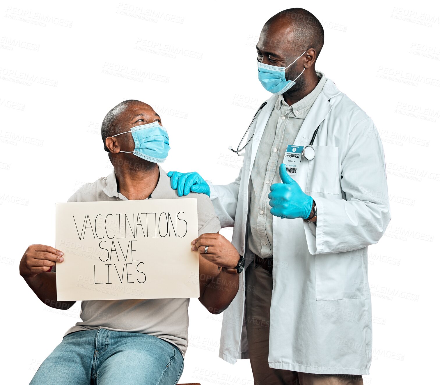 Buy stock photo Patient, doctor and poster for covid vaccine and thumbs up for vote, trust and sign on transparent, isolated or png background. African, healthcare and people in face mask to promote vaccination