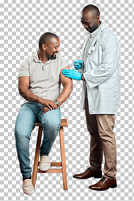 African american doctor giving covid vaccine to black man wearing surgical face mask. Full length healthy patient getting corona injection from physician against red studio background with copyspace