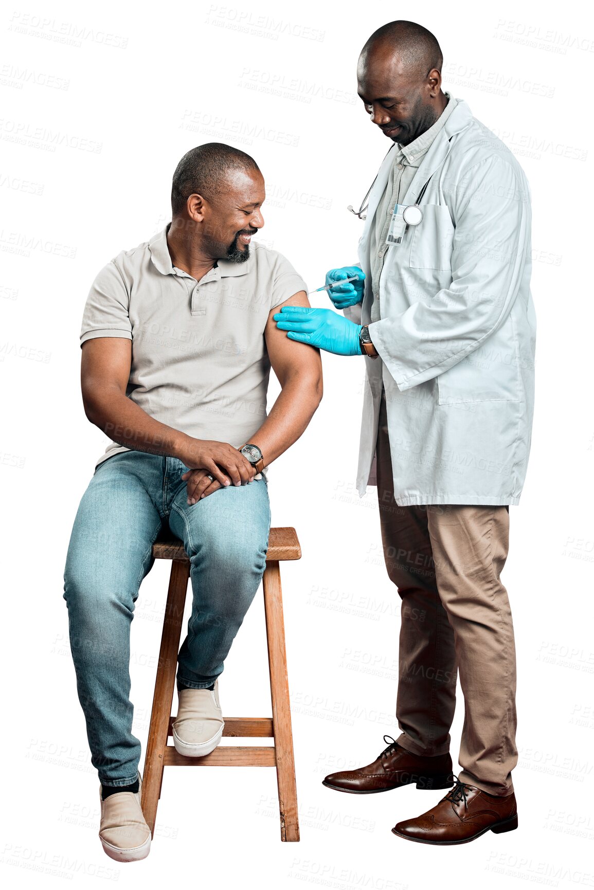 Buy stock photo African doctor, patient man and vaccine injection with needle, health and smile by transparent png background. Medic, syringe and booster for immune system, flu and happy together at clinic in Kenya