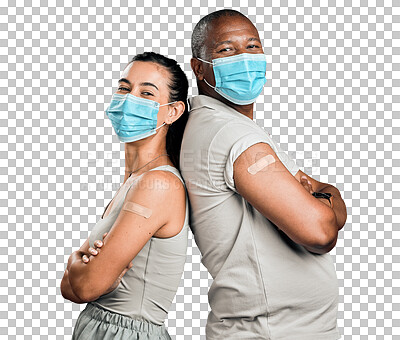 Covid vaccinated African american man and mixed race woman standing back to back. Two people wearing surgical face mask isolated against red background in studio with copyspace. Showing plaster on arm