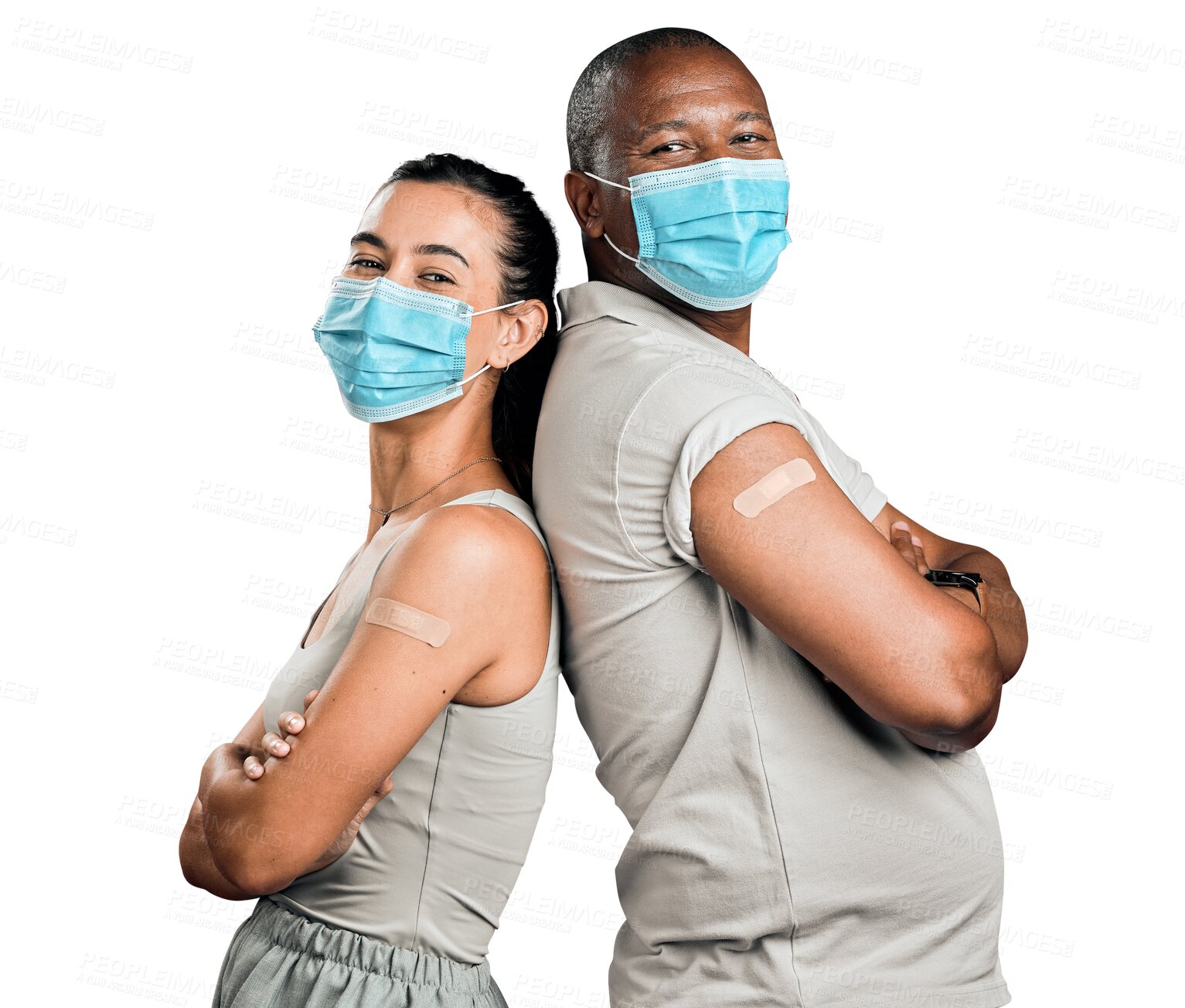 Buy stock photo Vaccine, face mask and couple with bandage, arms crossed and covid healthcare isolated on transparent png background. Portrait, plaster and black man and woman in confidence, wellness and interracial