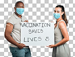 Covid vaccinated African american man and mixed race woman showing and holding poster. Two people wearing surgical face mask isolated on red studio background with copyspace. Promote corona vaccine