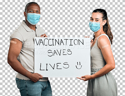 Covid vaccinated African american man and mixed race woman showing and holding poster. Two people wearing surgical face mask isolated on red studio background with copyspace. Promote corona vaccine