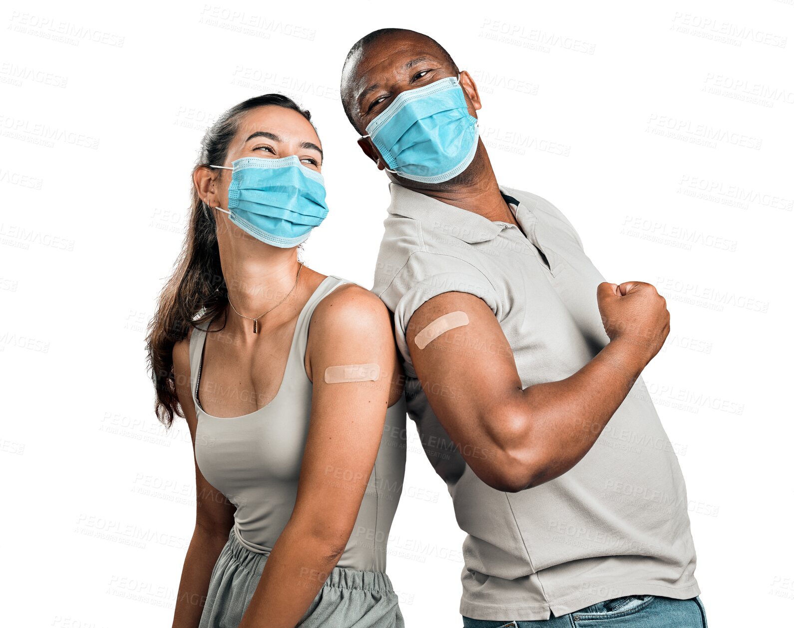 Buy stock photo Covid vaccinated, black man and woman with mask, friends and protection isolated on a transparent background. People, showing plaster and face cover with safety regulations, png and corona vaccine