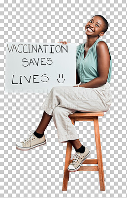 Buy stock photo Covid, vaccine and a woman with poster, paper or message for protest. Portrait of African woman with opinion, health care and sign for support and virus safety isolated on transparent, png background