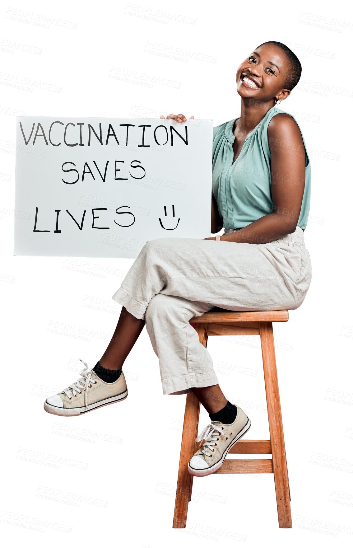 Buy stock photo Covid, vaccine and a woman with poster, paper or message for protest. Portrait of African woman with opinion, health care and sign for support and virus safety isolated on transparent, png background