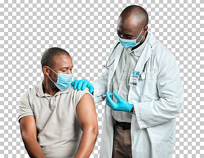 African american doctor giving covid vaccine to black man wearing surgical face mask. Healthy patient getting corona injection from physician with needle against red studio background with copyspace
