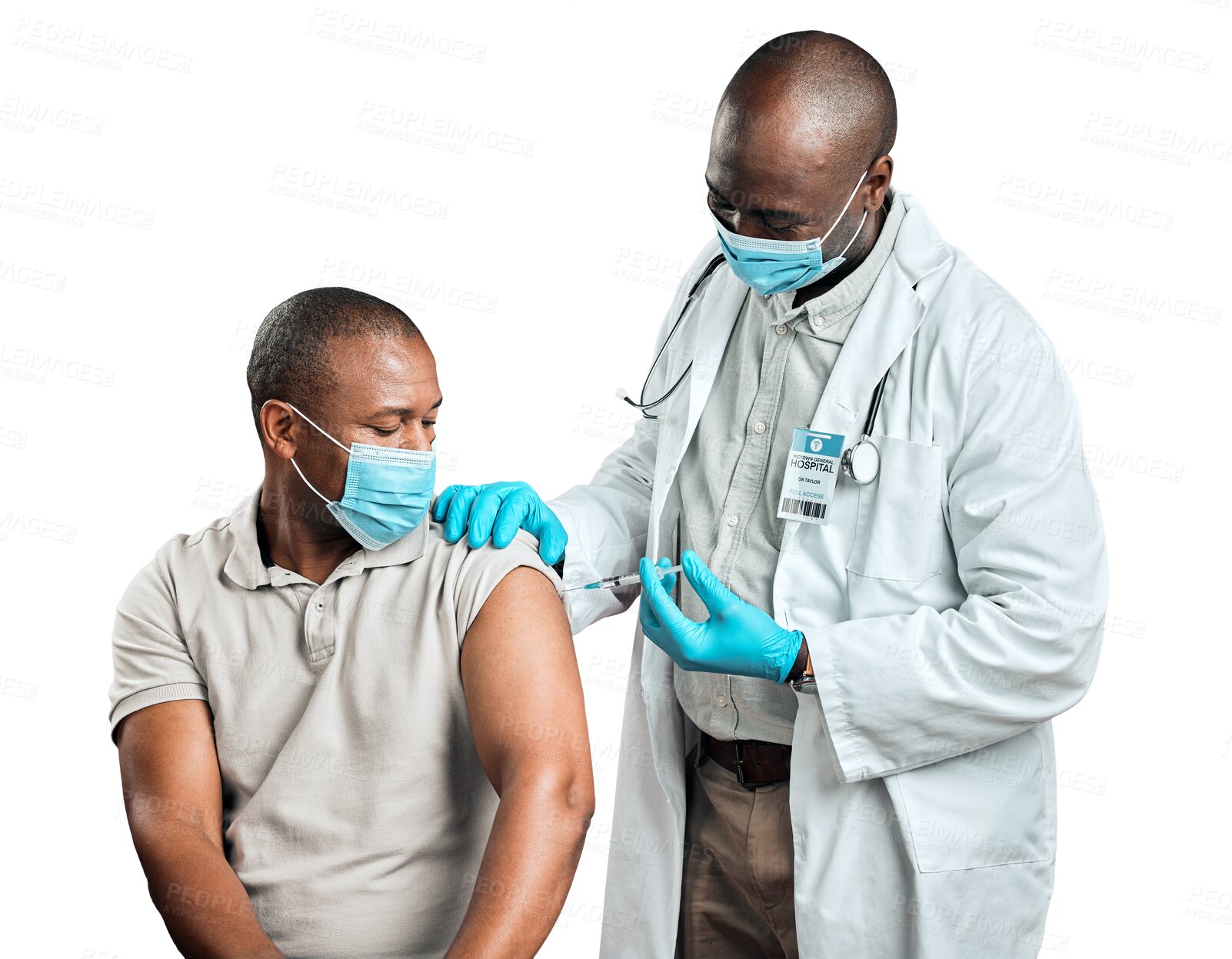 Buy stock photo African doctor, patient man and vaccine for covid with needle, health or face mask by transparent png background. Medic, syringe and booster for immune system, flu or pharma drugs at clinic in Kenya