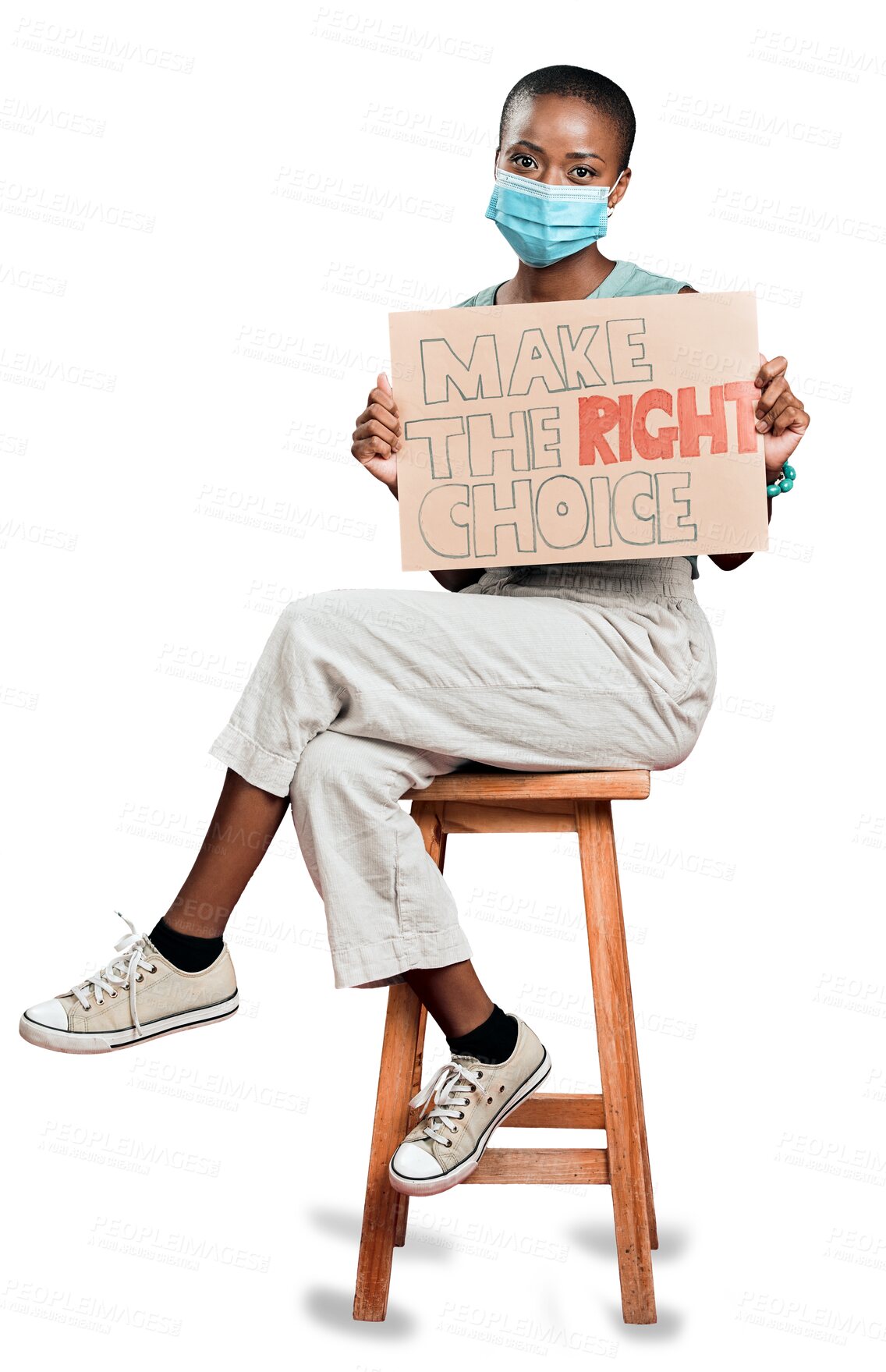 Buy stock photo Poster, vaccine promotion and portrait of black woman in face mask on isolated, png and transparent background. Health, activist banner and female person for medicine, prevention and virus protection