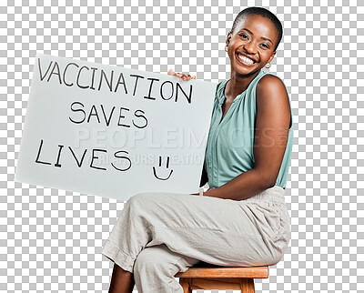 Buy stock photo Covid, vaccine and a woman with poster, paper or message for protest. Portrait of African person with opinion and sign for medicine support and choice isolated on transparent, png background