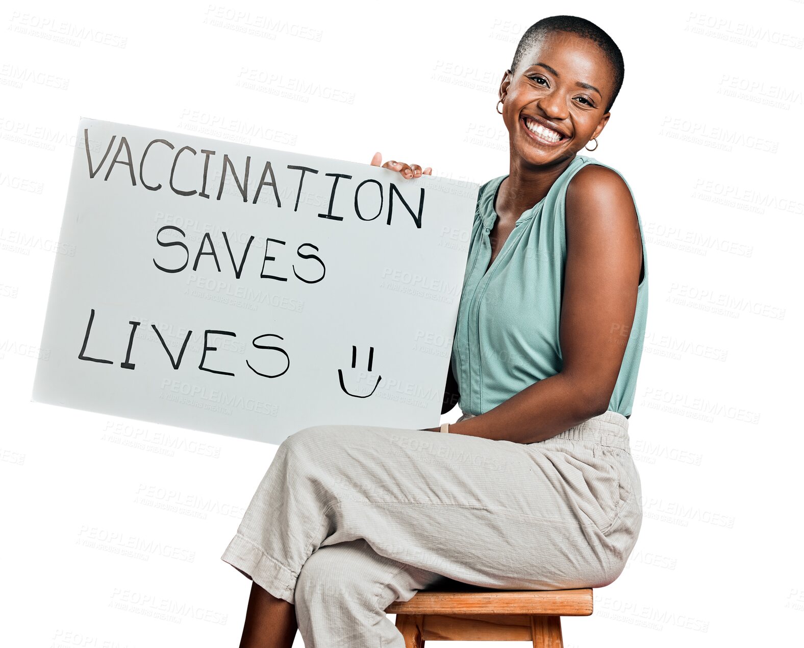 Buy stock photo Covid, vaccine and a woman with poster, paper or message for protest. Portrait of African person with opinion and sign for medicine support and choice isolated on transparent, png background