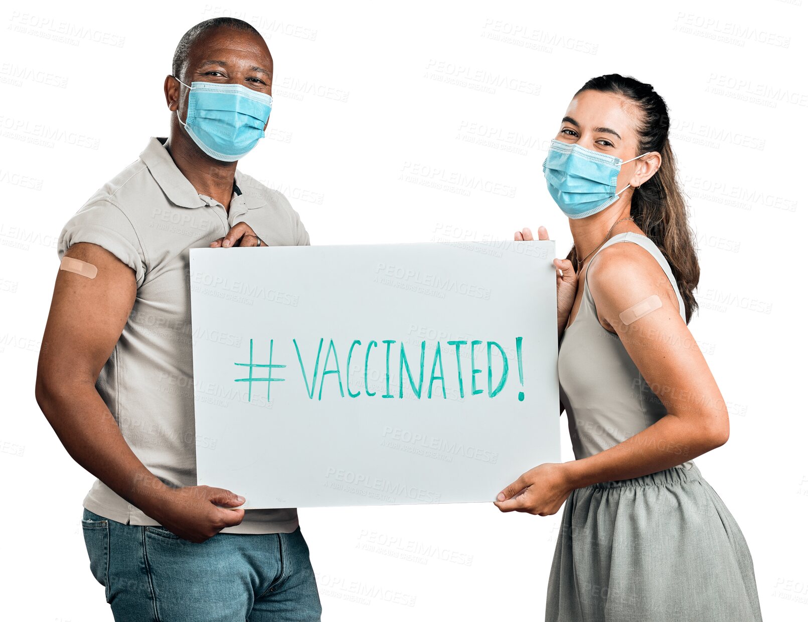 Buy stock photo Covid, vaccine and people with face mask, poster and message for motivation. Man and woman portrait for diversity, healthcare or support protest sign for virus isolated on transparent, png background