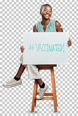 African american covid vaccinated woman showing and holding poster. Full length of smiling black woman isolated against red studio background with copyspace. Model promoting corona vaccine with sign