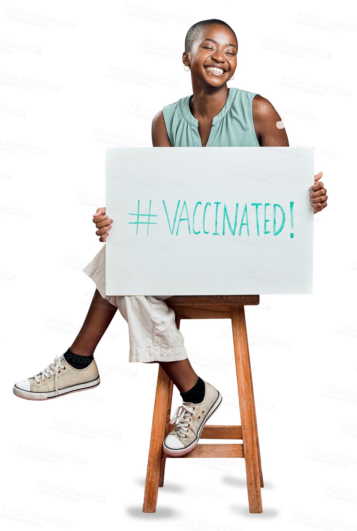 Buy stock photo African woman, happy and vaccine poster for healthcare support, promotion and social media hashtag. Young person for medical virus or covid safety on cardboard isolated on PNG, transparent background