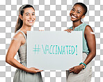 Covid vaccinated African american and mixed race women showing and holding poster. Two people isolated on red studio background with copyspace. Showing plaster on arm and promoting corona vaccine