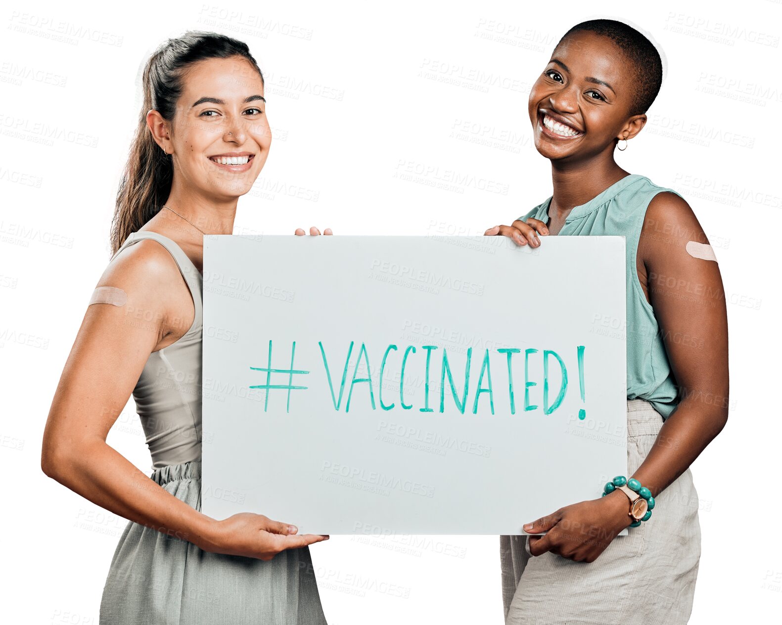 Buy stock photo Women, patient and vaccine promotion poster, portrait and covid healthcare isolated on png transparent background. Happy female people with billboard sign, safety from corona advertising and health