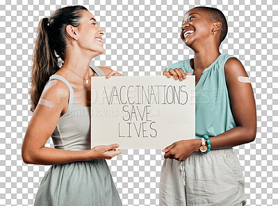 Covid vaccinated African american and mixed race women showing and holding poster. Two people isolated on red studio background with copyspace. Showing plaster on arm and promoting corona vaccine
