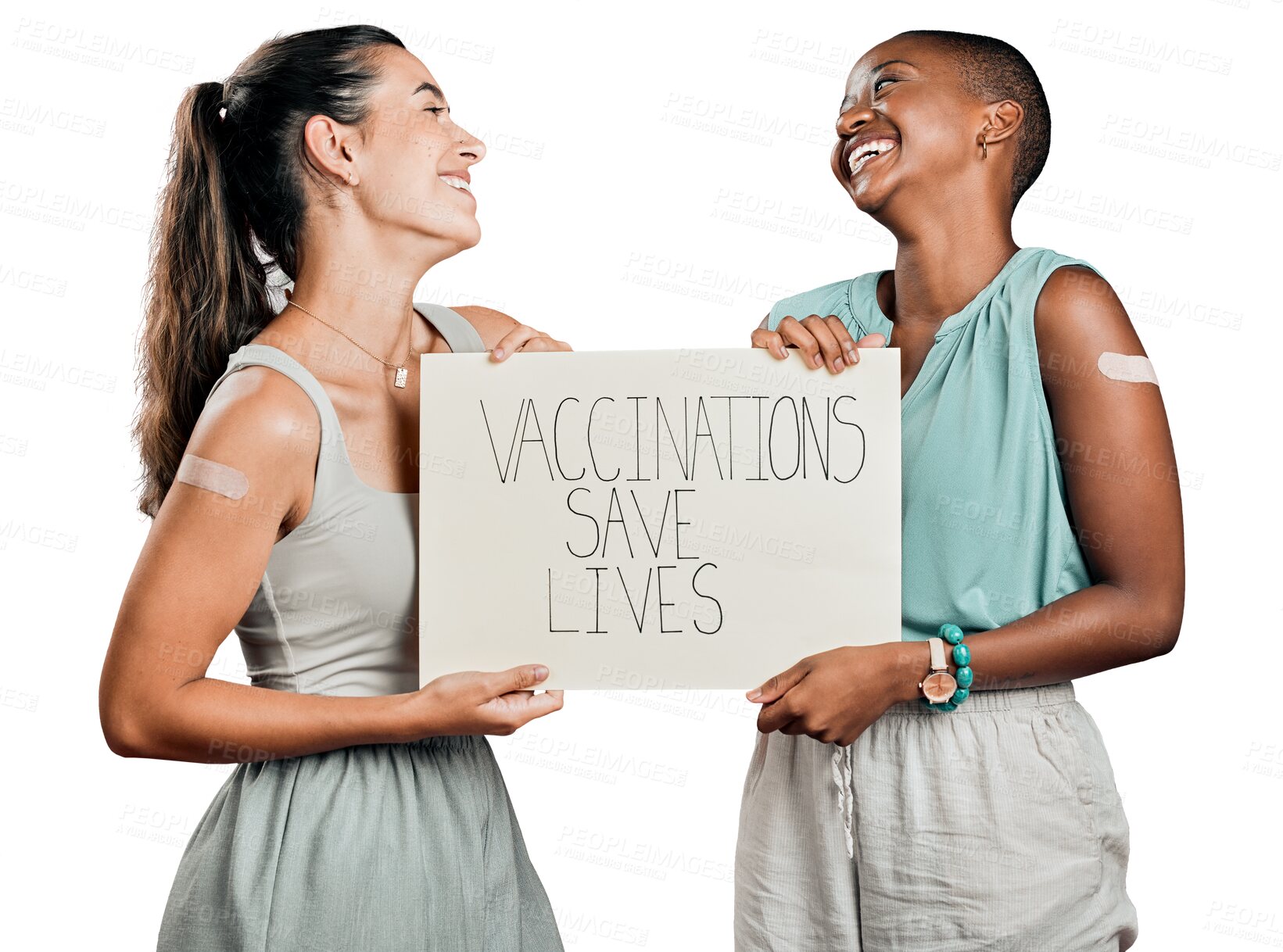 Buy stock photo Women, laughing and vaccine promotion poster, covid healthcare with plaster on arm isolated on png transparent background. Female people, happy and billboard sign for corona virus safety and health