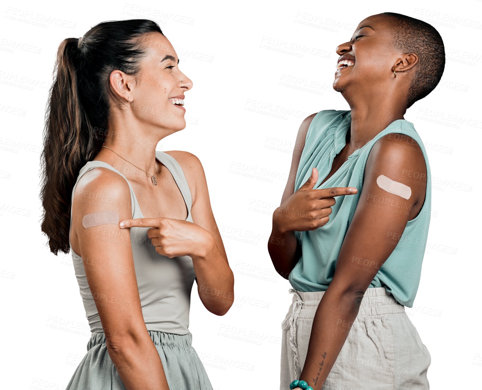 Buy stock photo Covid vaccinated, funny or women with a smile, arm plaster or safety isolated on a transparent background. Female people, friends or girl with happiness, medical protection or corona vaccine with png