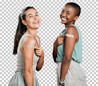 Covid vaccinated African american and mixed race women showing, pointing at arm plaster. Two happy people isolated on red studio background with copyspace. Black woman and hispanic with corona vaccine