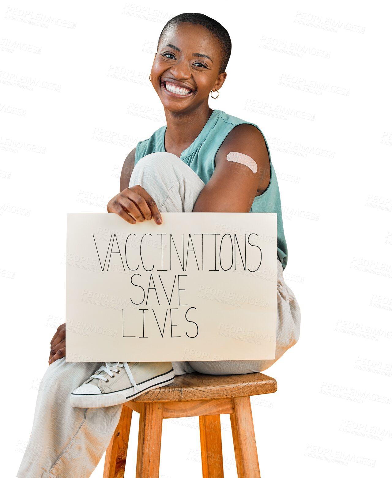 Buy stock photo Portrait, covid vaccinated and black woman showing plaster on arm, poster or smile isolated on a transparent background. Health, girl or model with banner, carboard or sign with png or corona vaccine