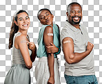 Covid vaccinated diverse group of people showing plaster on arm. African american man and woman with mixed race woman isolated on red studio background with copyspace. Promote health in corona vaccine