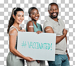 Covid vaccinated diverse group of people showing and holding poster. African american man and woman with mixed race woman isolated on red studio background with copyspace. Promoting corona vaccine