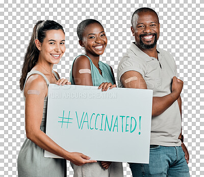 Covid vaccinated diverse group of people showing and holding poster. African american man and woman with mixed race woman isolated on red studio background with copyspace. Promoting corona vaccine