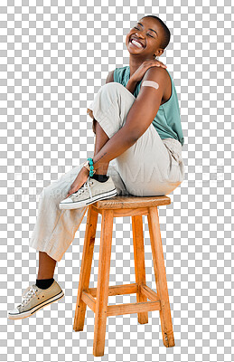 Buy stock photo Vaccine, plaster and happy black woman portrait on chair on isolated, transparent or png background. Vaccination, smile and African lady with arm band, proud or excited for healthcare immunity choice