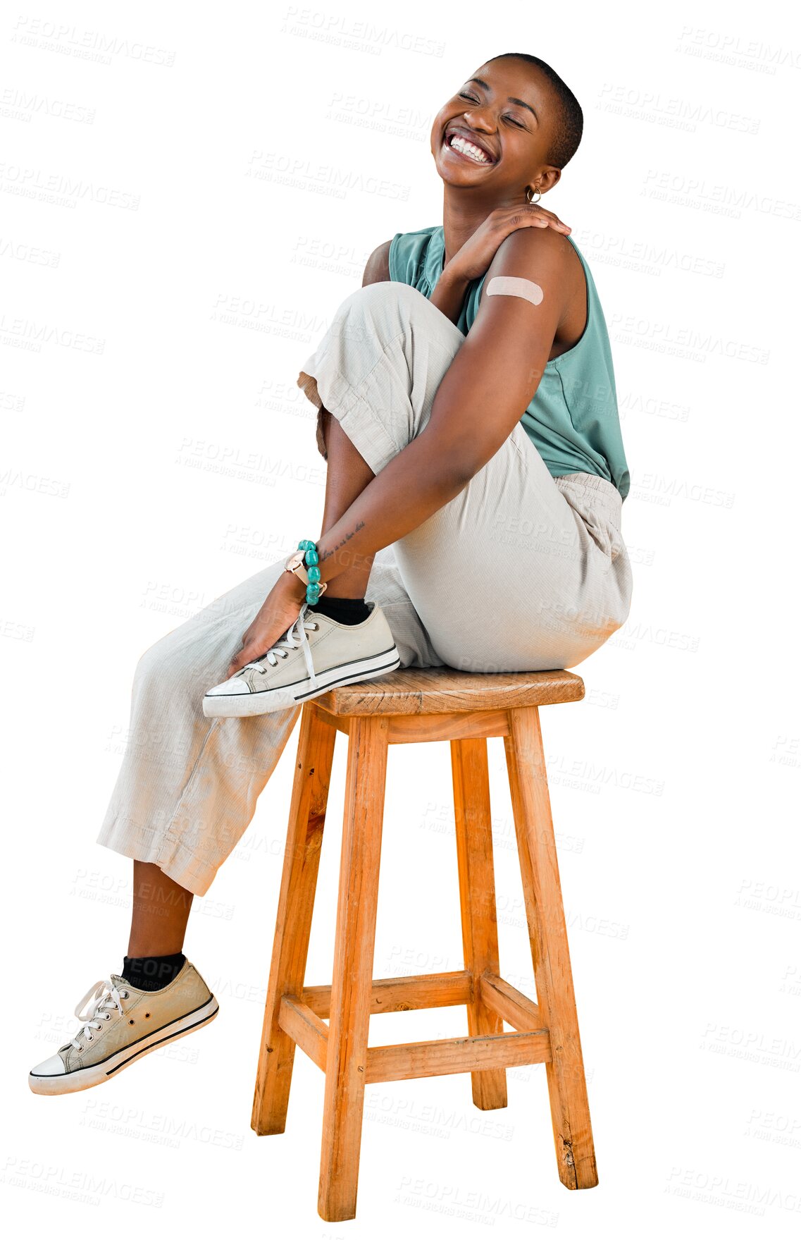 Buy stock photo Vaccine, plaster and happy black woman portrait on chair on isolated, transparent or png background. Vaccination, smile and African lady with arm band, proud or excited for healthcare immunity choice