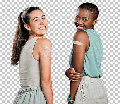 Buy stock photo Vaccine portrait, happy and friends with bandage, covid and healthcare isolated on transparent png background. Portrait, plaster or women in immunity, safety or virus protection, wellness or security