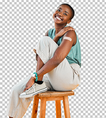 Buy stock photo Portrait, covid vaccinated and black woman showing plaster on arm, health and smile isolated on a transparent background. Happy, female person and model with corona policy, vaccine injection and png