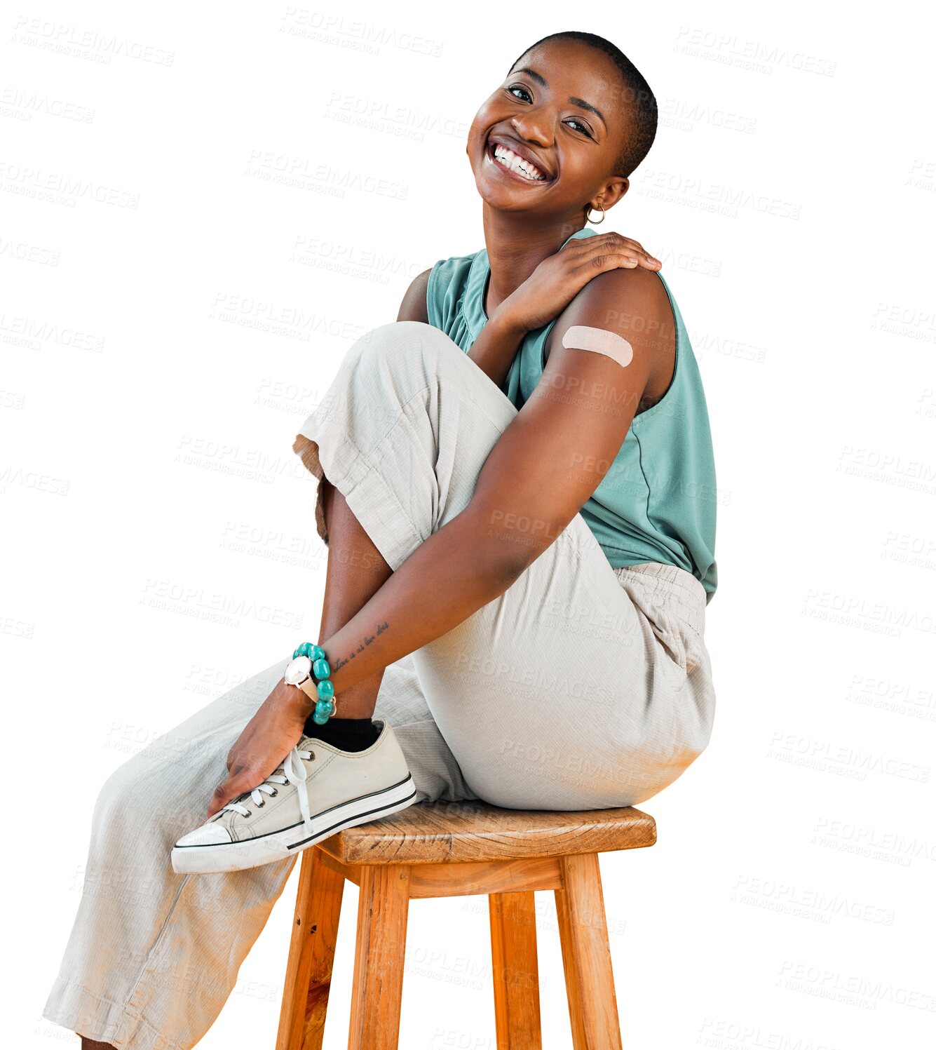 Buy stock photo Portrait, covid vaccinated and black woman showing plaster on arm, health and smile isolated on a transparent background. Happy, female person and model with corona policy, vaccine injection and png