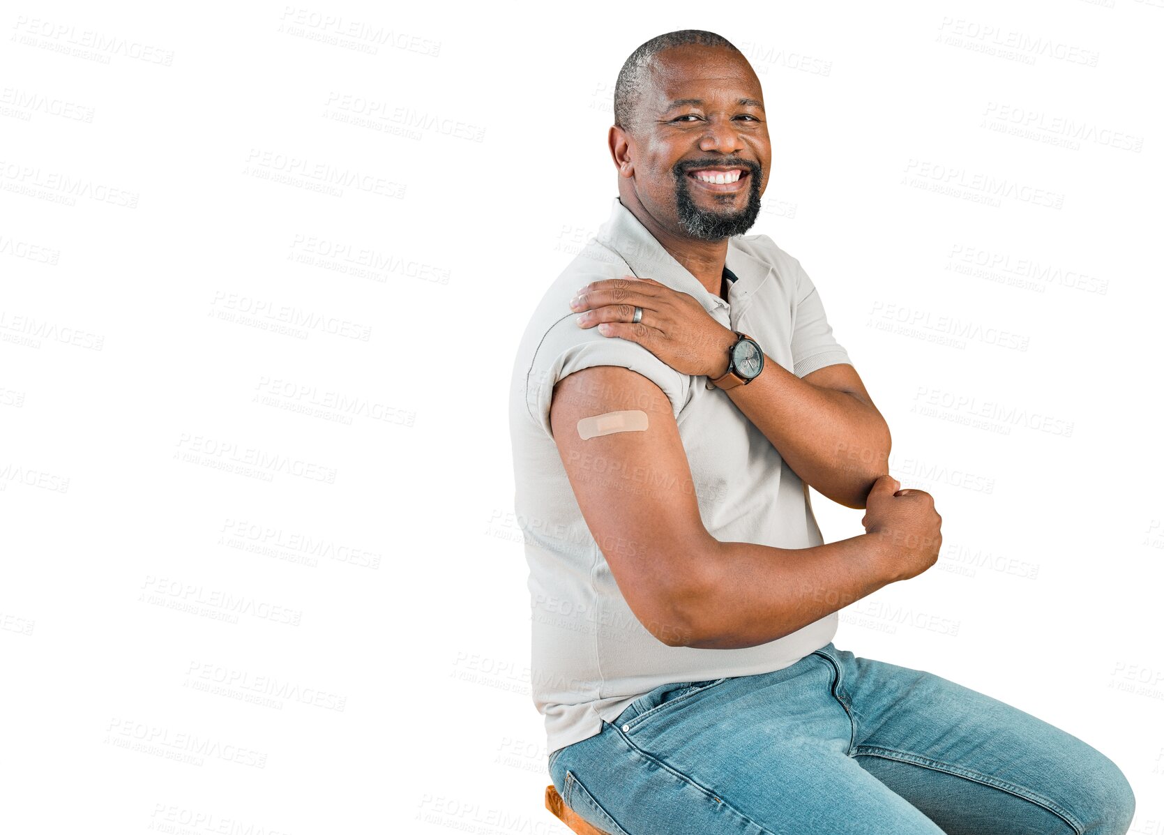 Buy stock photo Happy, portrait and black man with vaccine plaster on chair and isolated, transparent or png background. Vaccination, immunity and African guy face smile with arm band for covid, safety or compliance