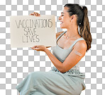 Mixed race covid vaccinated woman showing plaster on arm and holding poster. Smiling hispanic woman isolated against yellow studio background with copyspace. Model promoting corona vaccine with sign