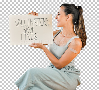 Mixed race covid vaccinated woman showing plaster on arm and holding poster. Smiling hispanic woman isolated against yellow studio background with copyspace. Model promoting corona vaccine with sign