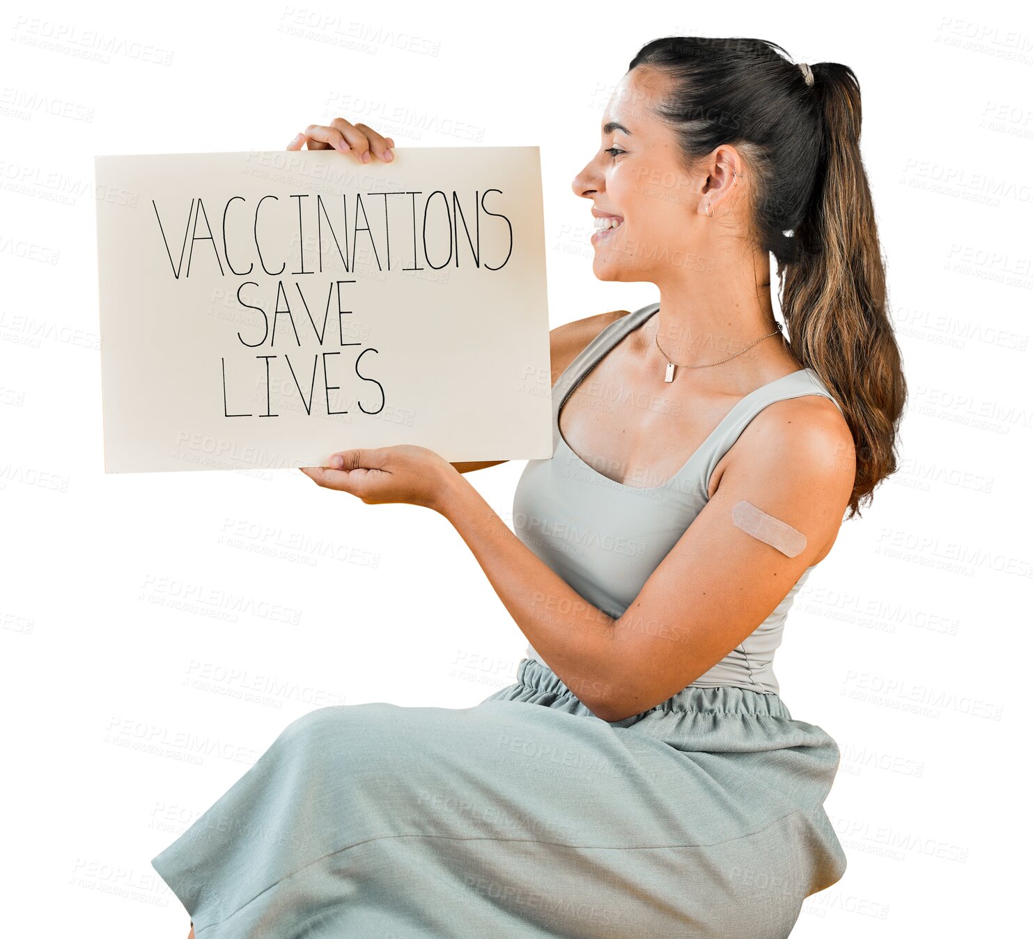 Buy stock photo Covid, vaccine and a woman with plaster, poster or paper for protest. A happy young woman with opinion, health care and sign for support and virus safety isolated on transparent, png background