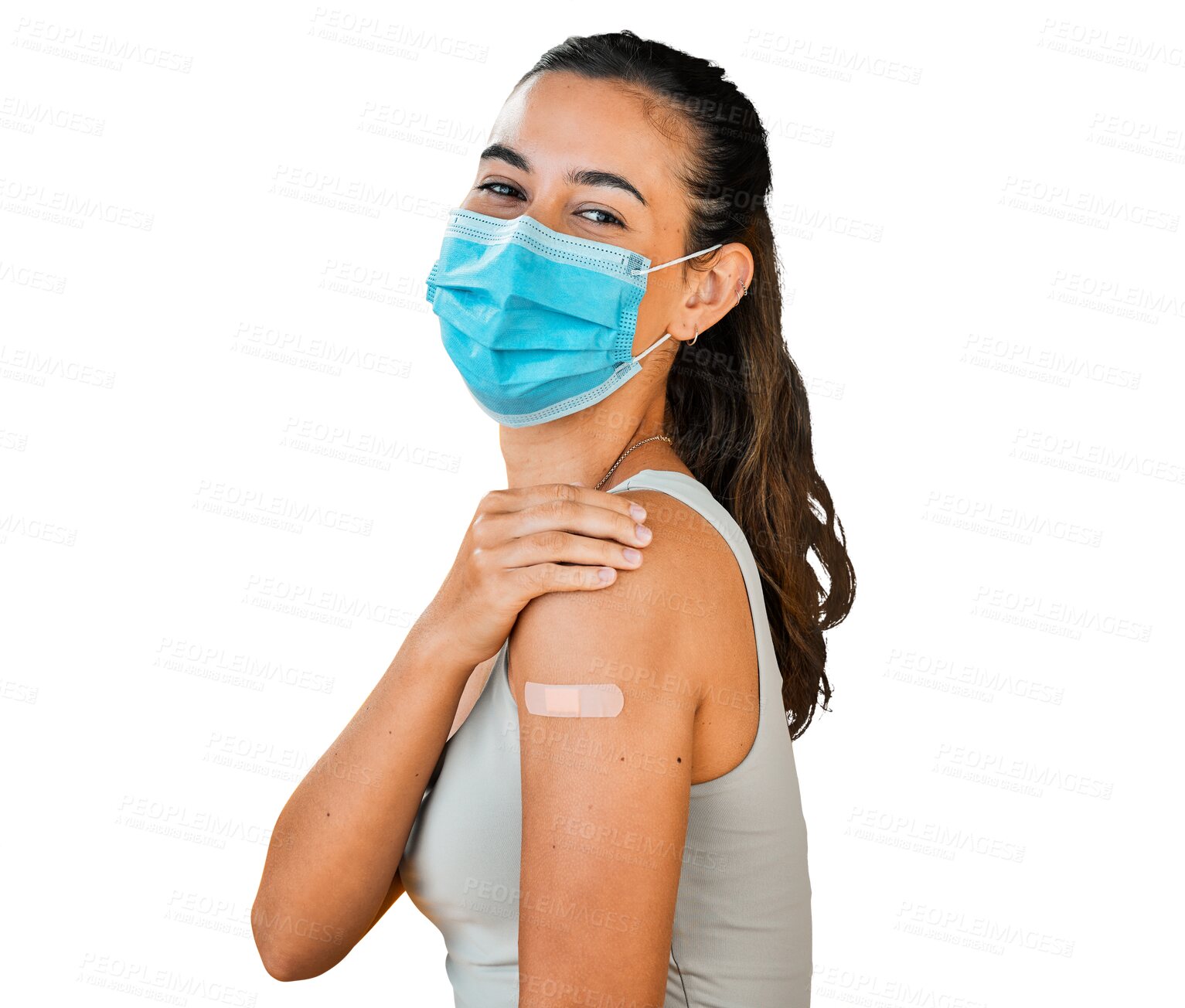 Buy stock photo Portrait, covid vaccinated and woman showing plaster, surgical mask and safety isolated on a transparent background. Face cover, person and model with corona vaccine, health and protection with png