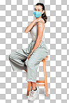 Mixed race covid vaccinated woman showing plaster on arm, wearing surgical face mask. Full length portrait of hispanic woman isolated against red background in studio with copyspace. Corona vaccine