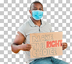 African american covid vaccinated man showing arm plaster, holding poster and wearing surgical face mask. Black model isolated on yellow studio background with copyspace. Corona vaccine promote sign